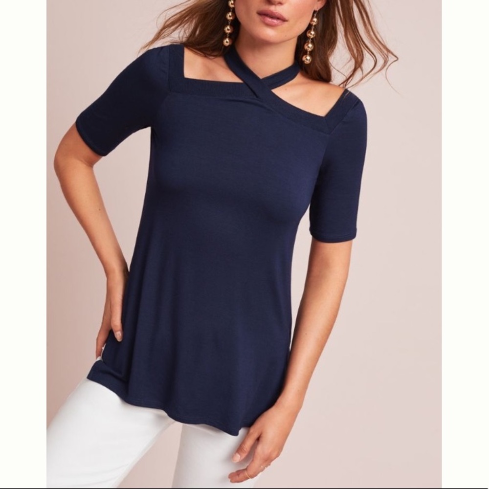 Anthropologie Navy Cross Strap Tunic Top